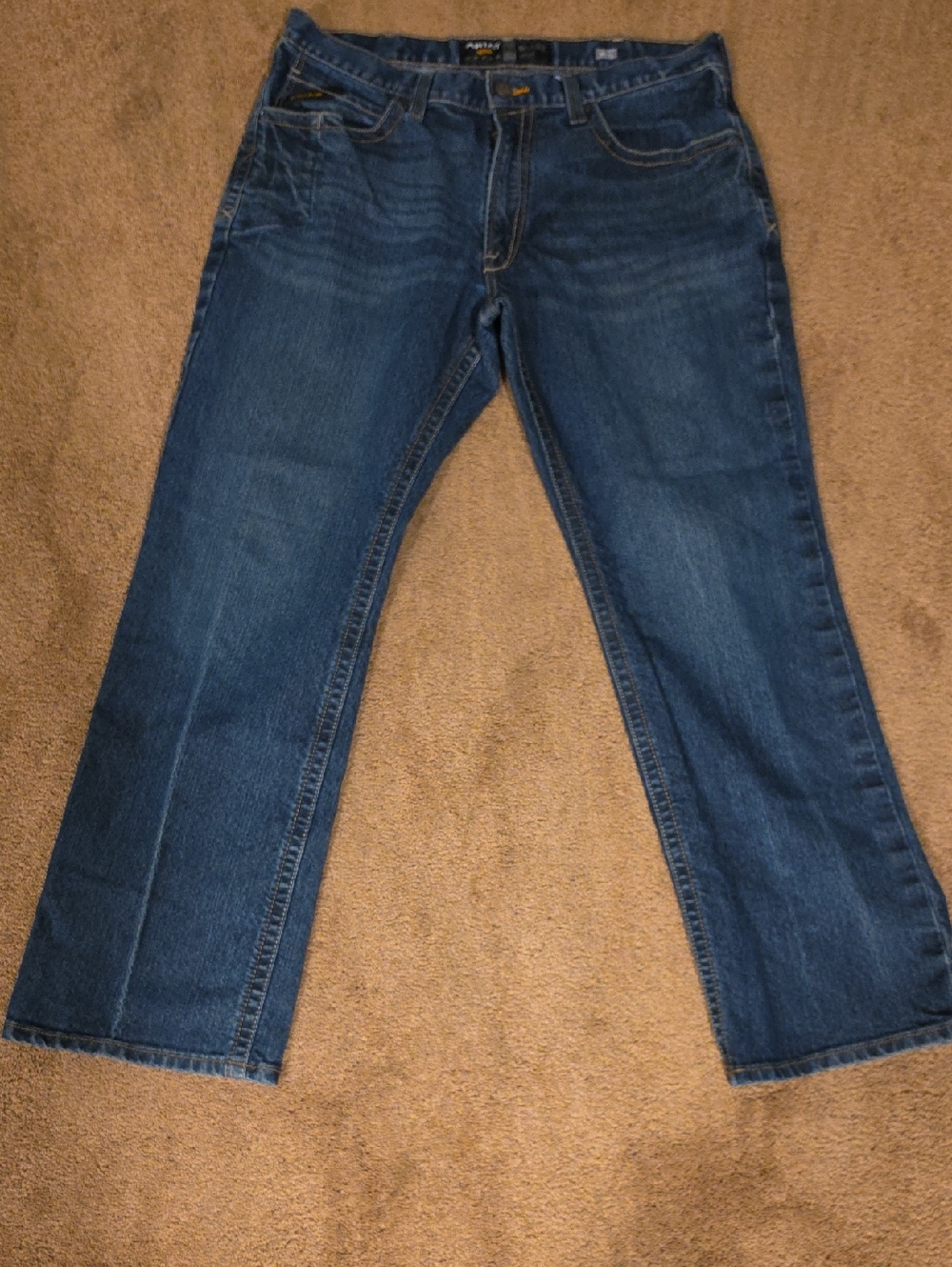 Ariat Rebar M4 36x32 Relaxed Boot Jeans - Dark Blue with Yellow Stitching